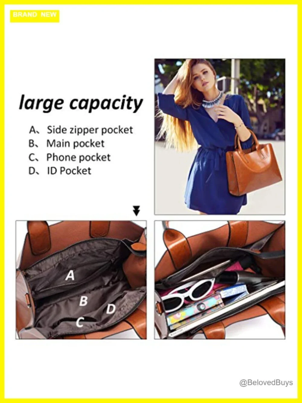 Large Faux Leather Tote Bag for Women, Work Shoulder Purse with Zipper Closure